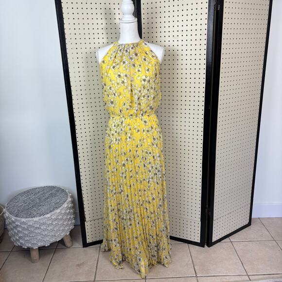 Sandra Darren Yellow Floral Pleated Maxi Dress Sz 8 — Garden Party Cottagecore - Picture 1 of 9